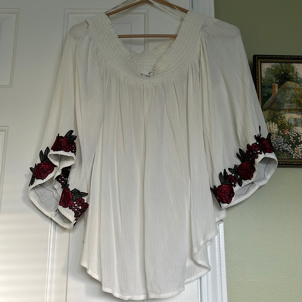 White Blouse with Embroidered Sleeves